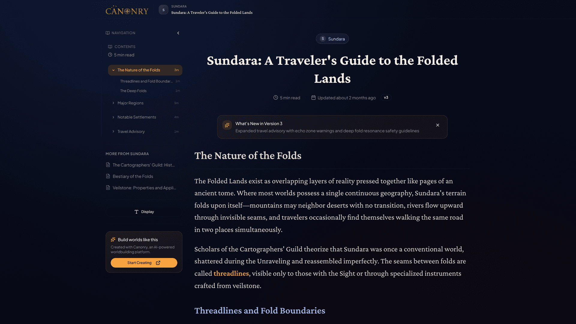 A generated world guide with literary prose — 'Sundara: A Traveler's Guide to the Folded Lands'