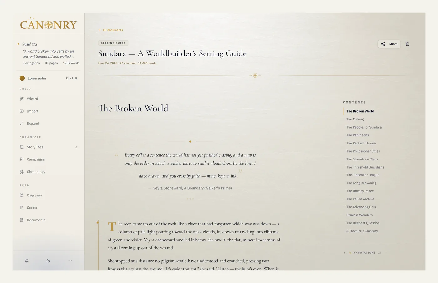 A generated Sundara setting guide open in the app, its header reading 75 min read and 14,808 words, beside a contents rail of seventeen sections