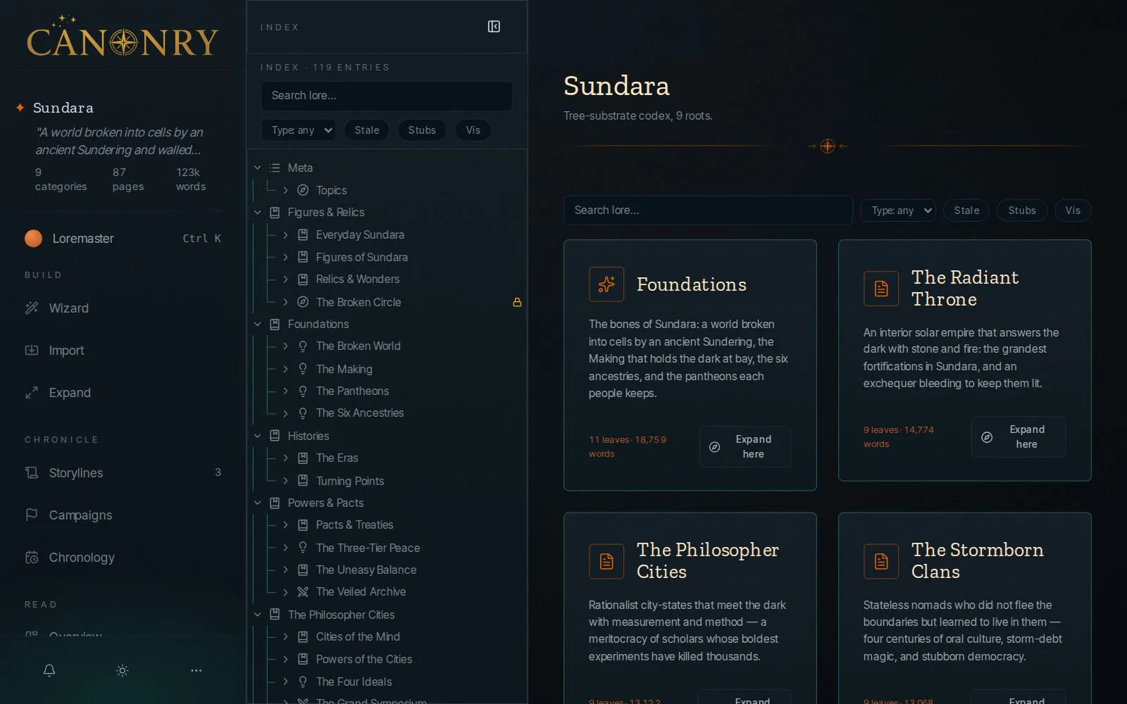 The Sundara codex under the Iron & Smoke theme: gritty, industrial.