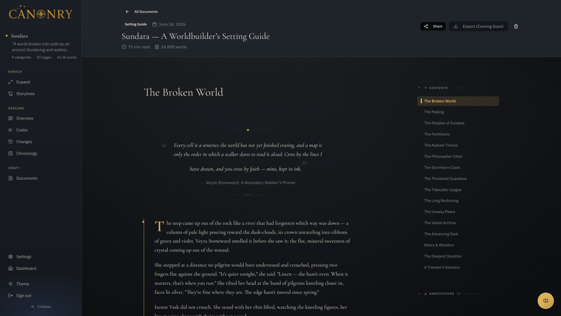 A generated Sundara setting guide: literary prose, asides, and found documents