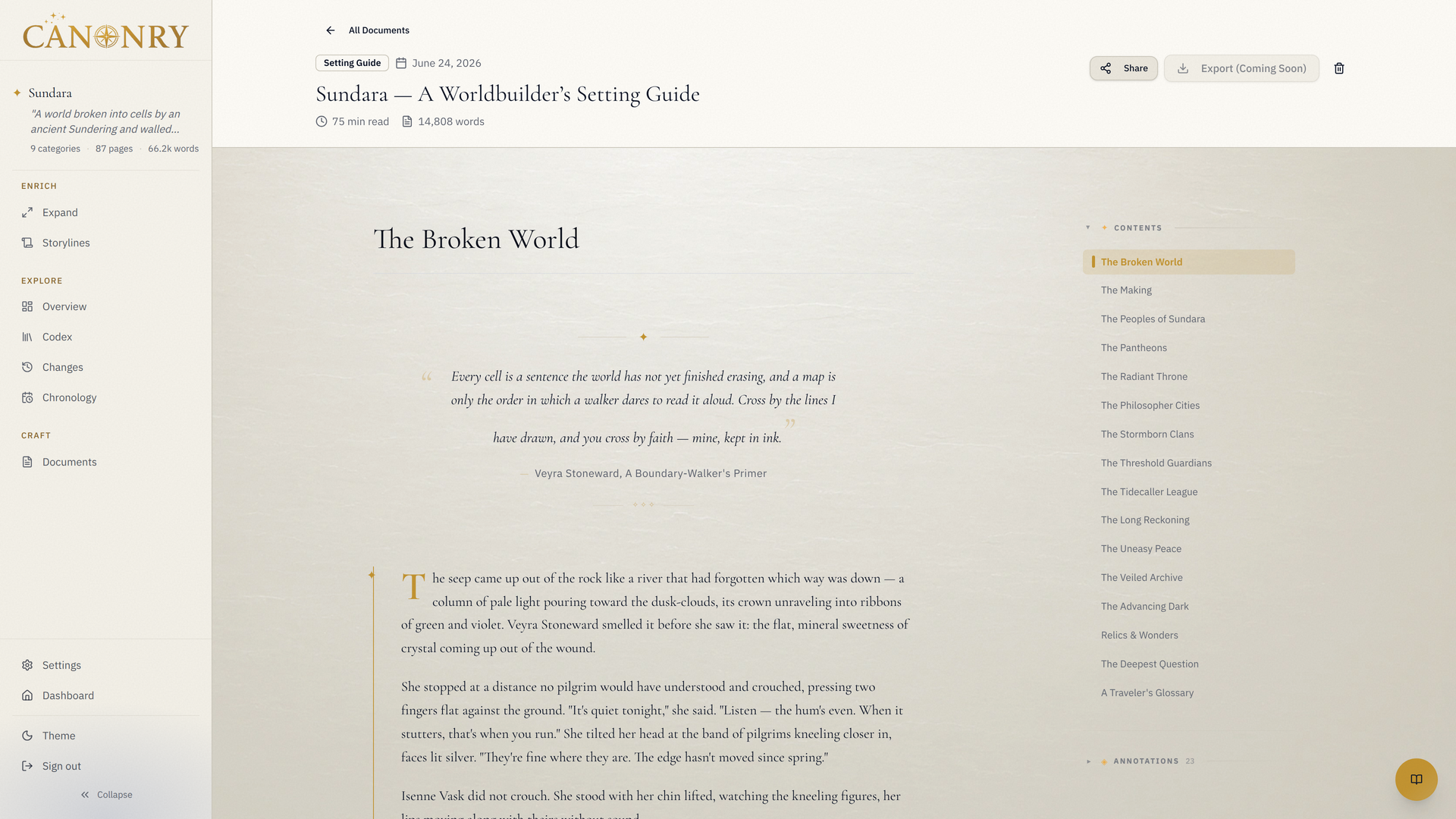 A generated Sundara setting guide: literary prose, asides, and found documents