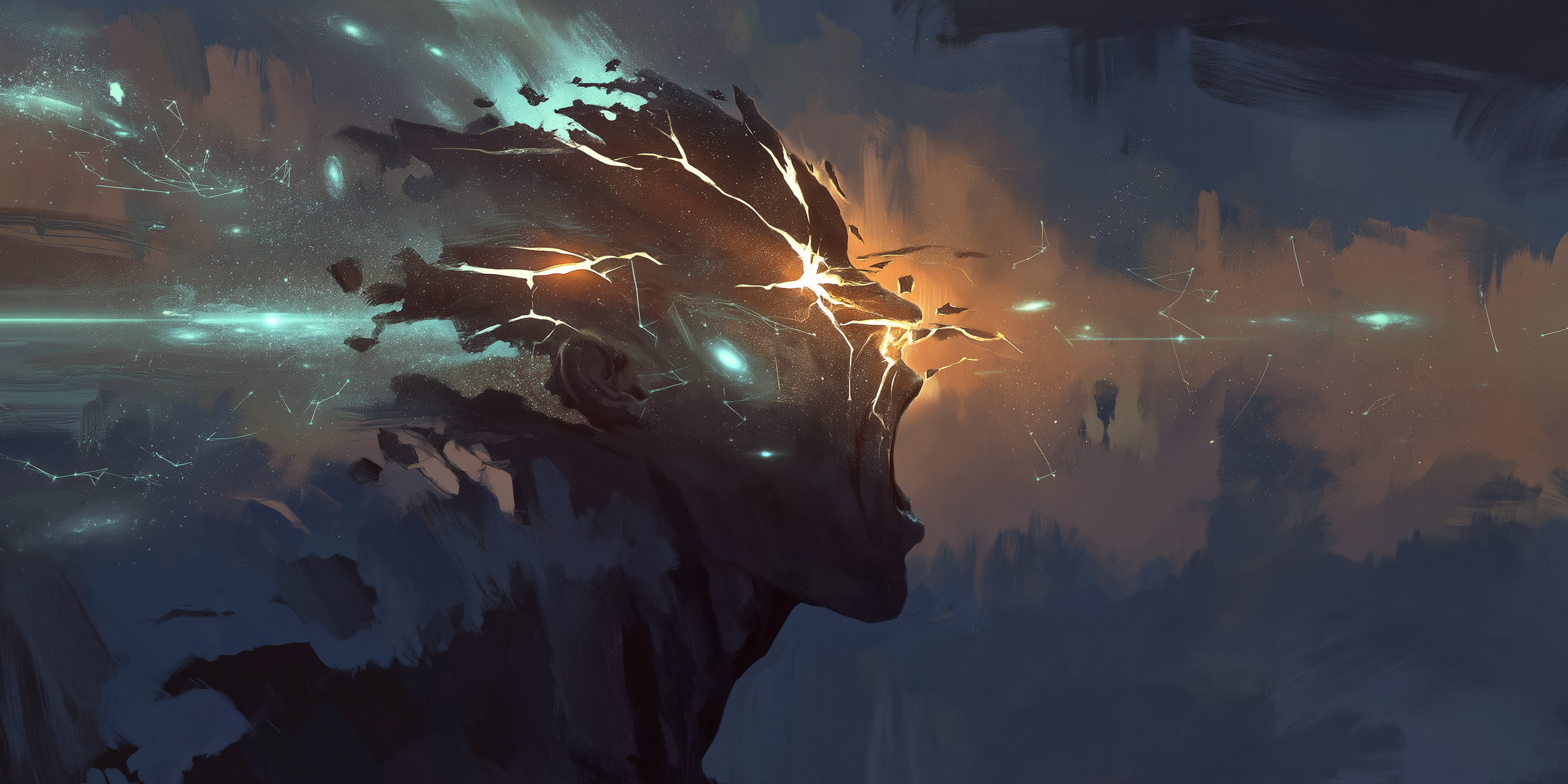 A colossal face in profile, fracturing into stars and constellation filaments — the splintering creator